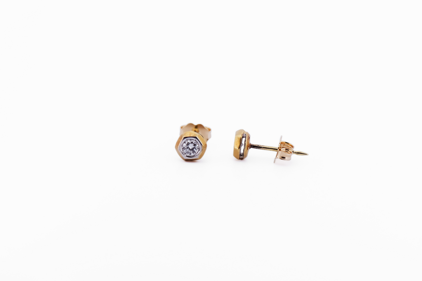 Yellow Gold Hexagon Stud Earrings with Diamonds