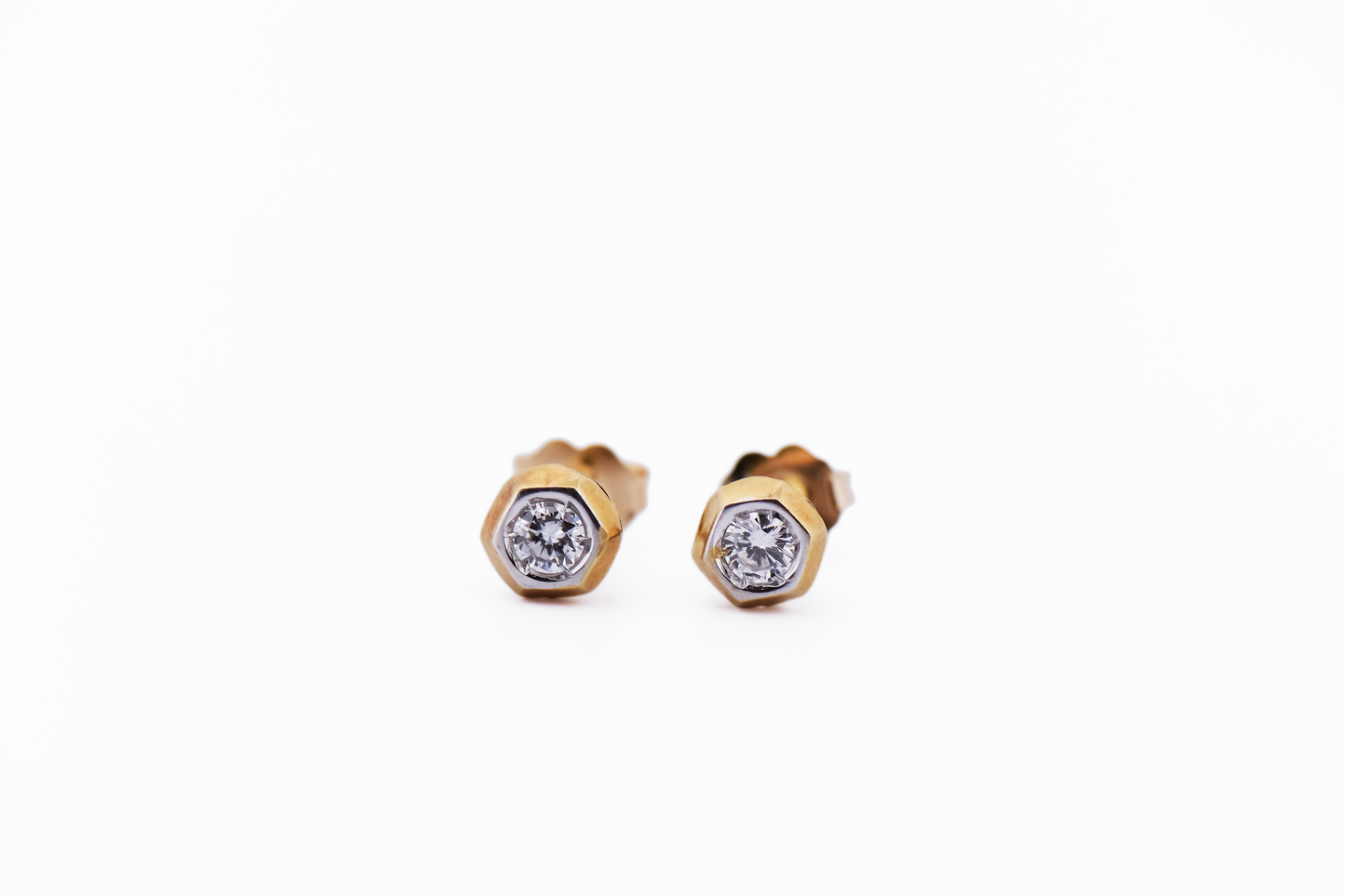 Yellow Gold Hexagon Stud Earrings with Diamonds