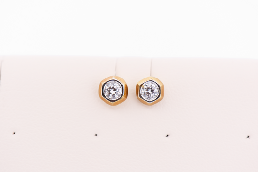 Yellow Gold Hexagon Stud Earrings with Diamonds